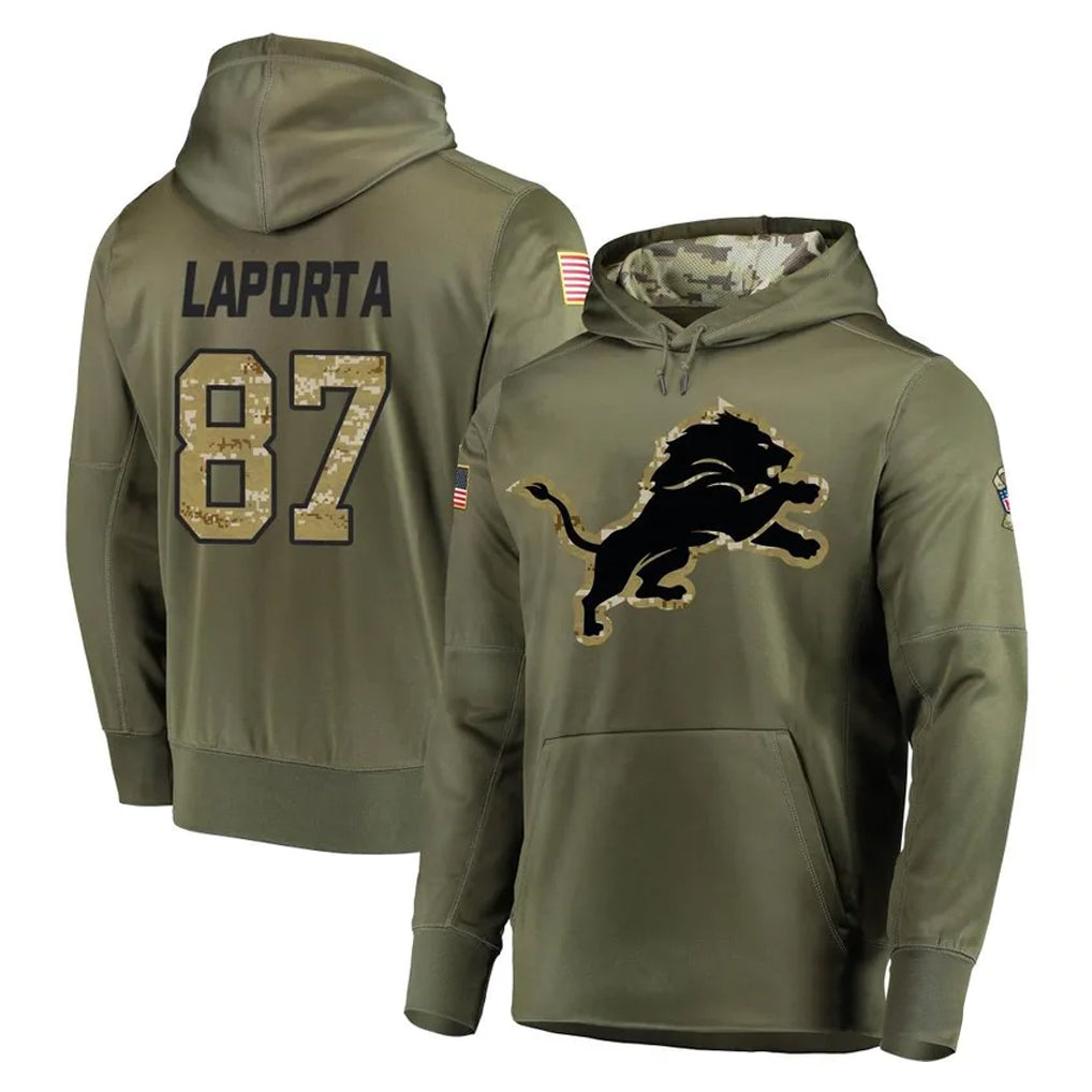 D.Lions #87 Sam LaPorta Player Olive Salute to Service Pullover Hoodies Home Game Ddoa Stitched Jerseys
