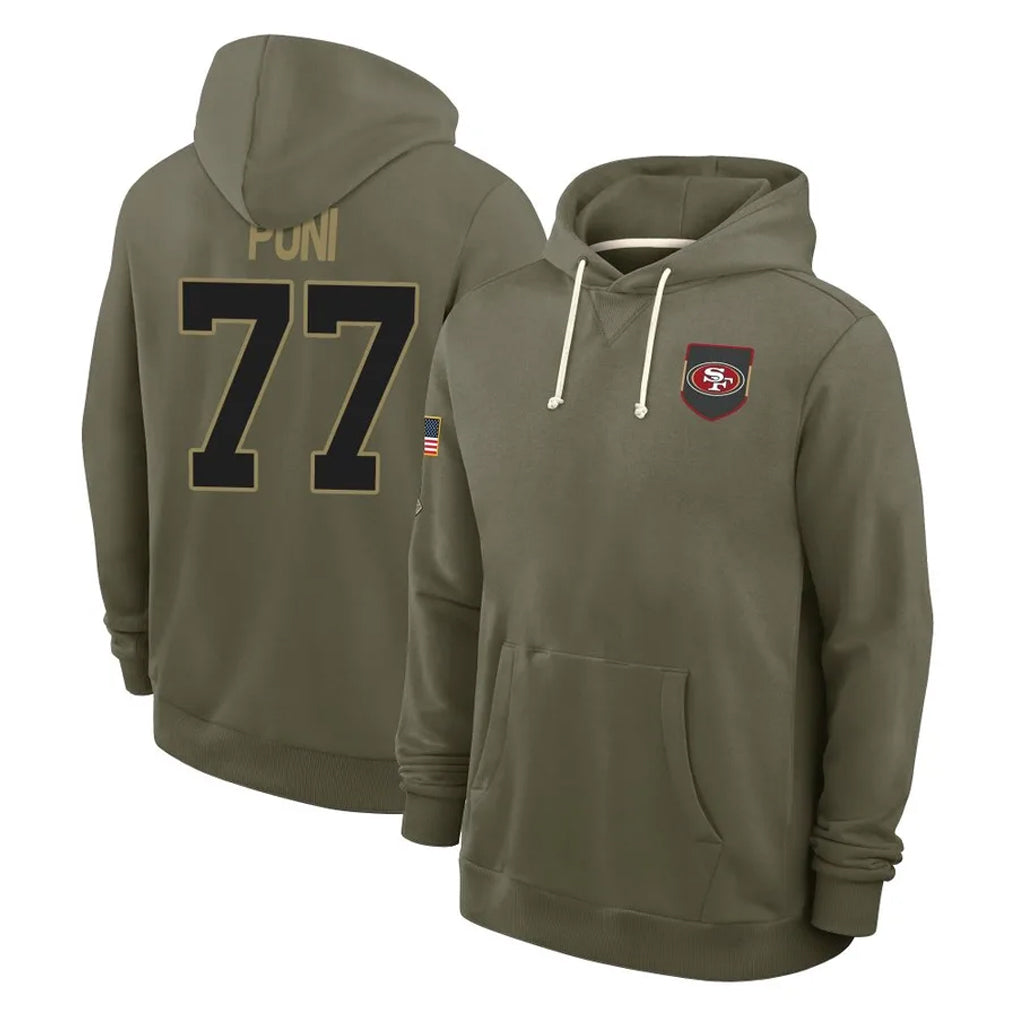 SF.49ers #77 Dominick Puni Player Olive Salute to Service Pullover Hoodies Limited Ddoa Stitched Jerseys