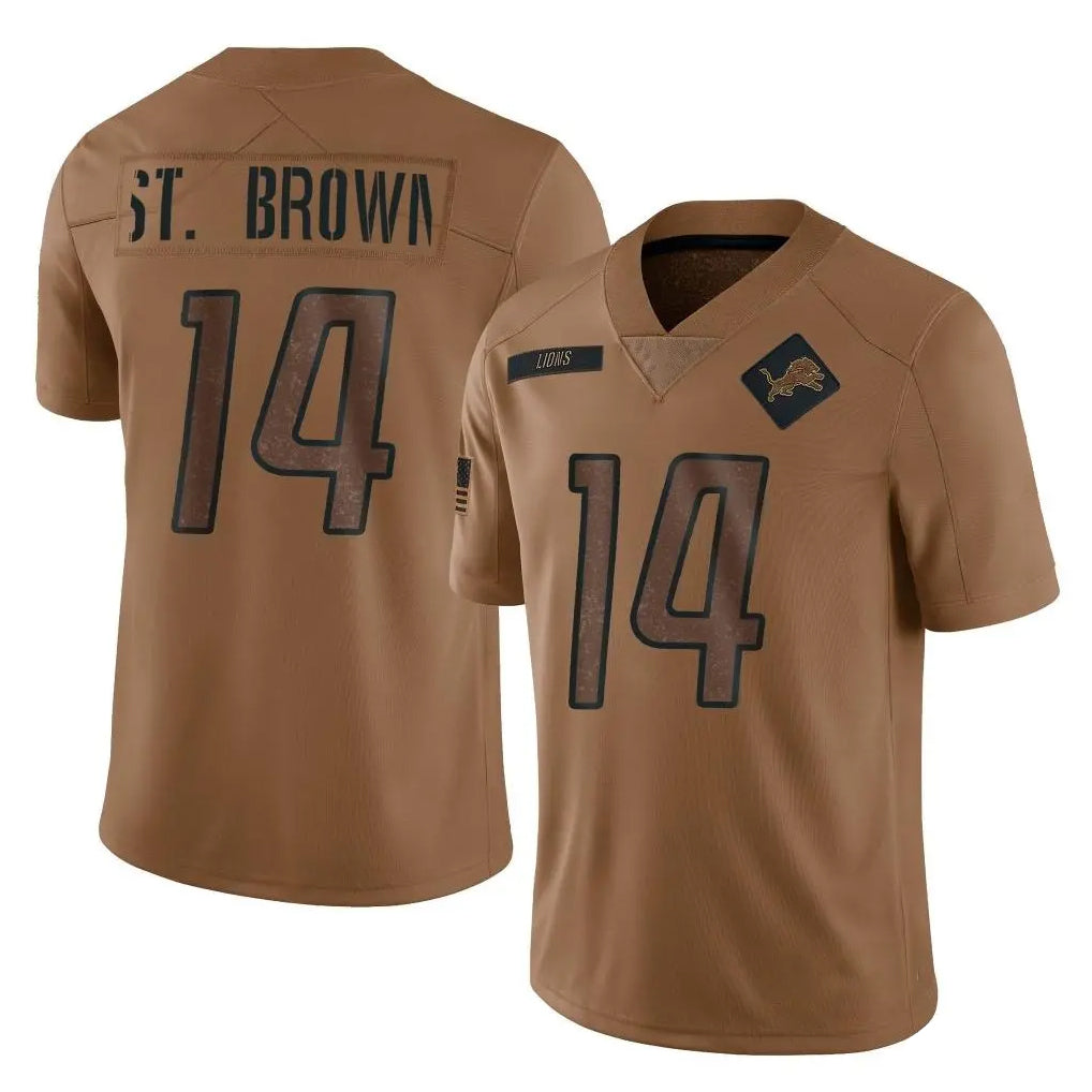 D.Lions #14 Amon-Ra St. Brown Player Brown Salute To Service Limited Ddoa Stitched Jerseys