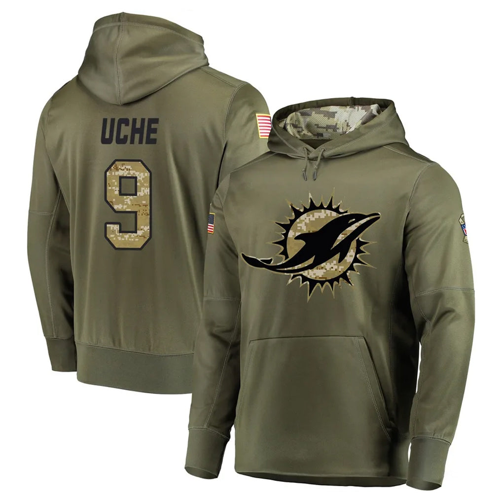 M.Dolphins #9 Joshua Uche Player Olive Salute to Service Pullover Hoodies Home Game Ddoa Stitched Jerseys
