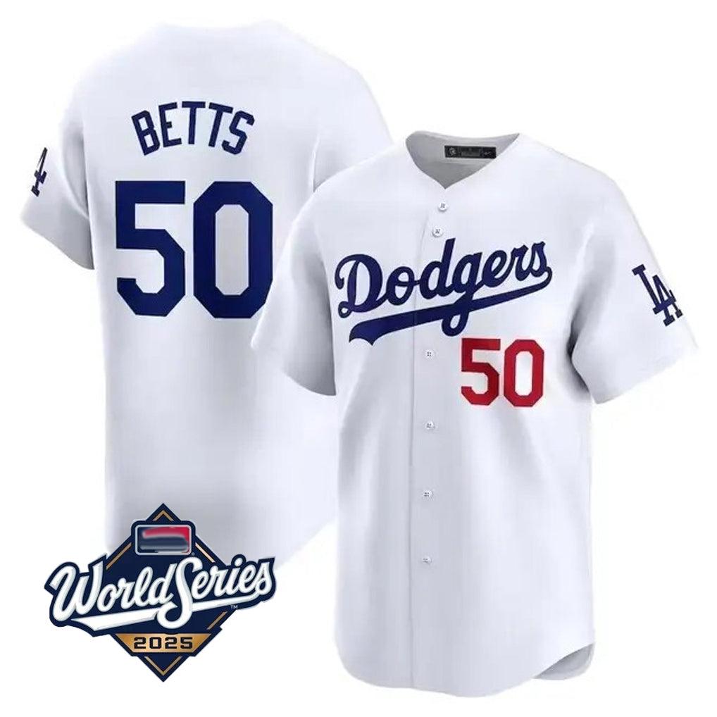LA.Dodgers #50 Mookie Betts Player White 2025 World Series Home Game Ddoa Stitched Jerseys