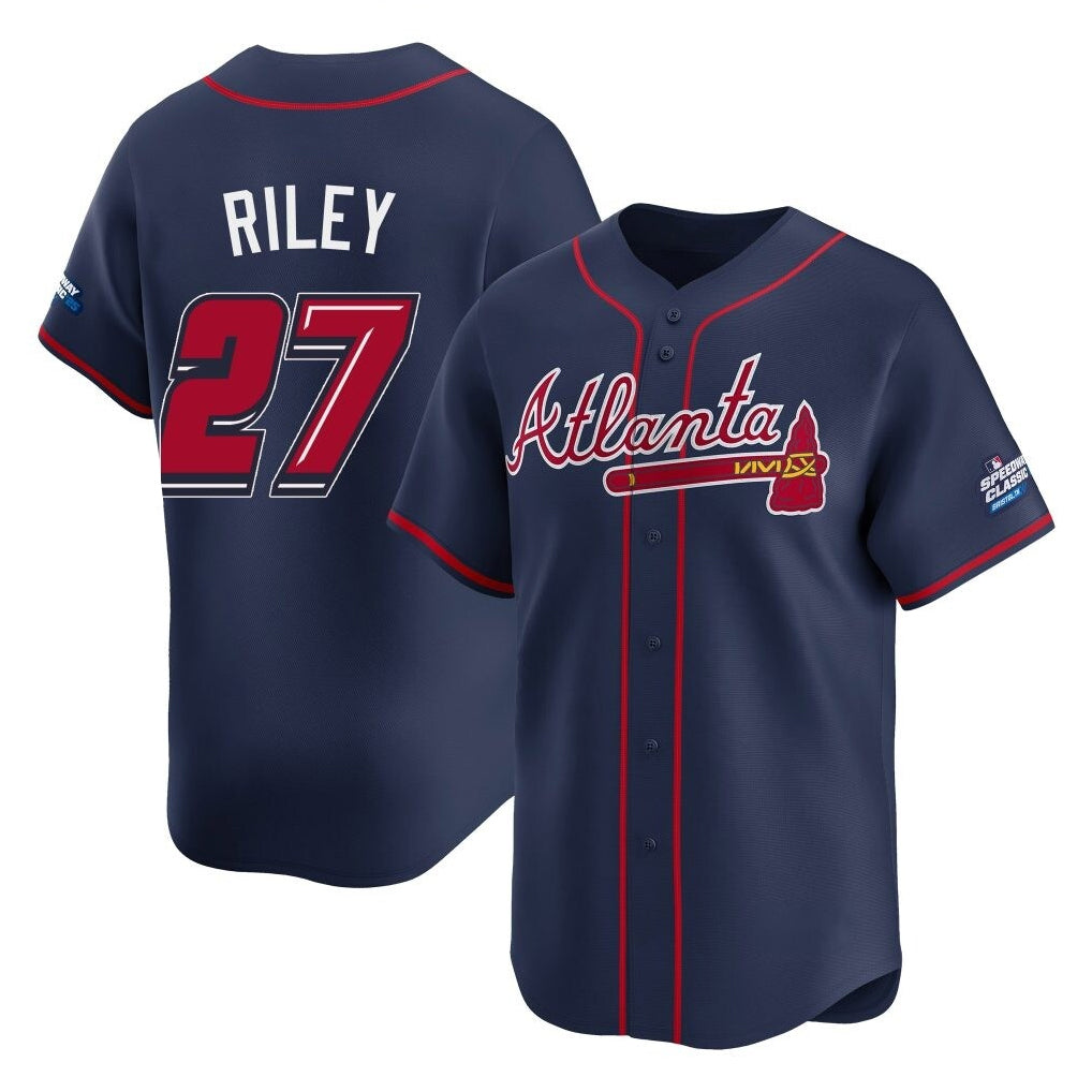 A.Braves #27 Austin Riley Player Navy 2025 Speedway Classic Home Game Ddoa Stitched Jerseys
