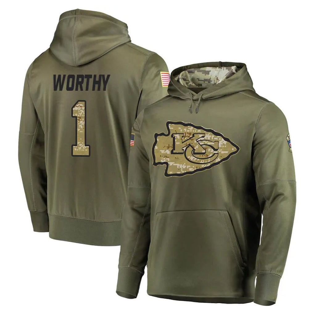 KC.Chiefs #1 Xavier Worthy Player Olive Salute to Service Pullover Hoodies Home Game Ddoa Stitched Jerseys
