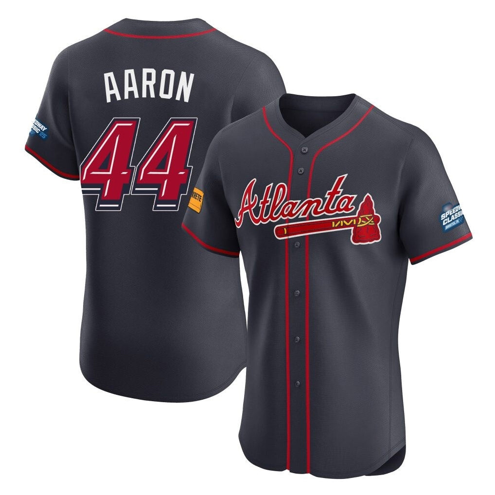 A.Braves #44 Hank Aaron Player Navy 2025 Speedway Classic Limited Elite Home Game Ddoa Stitched Jerseys