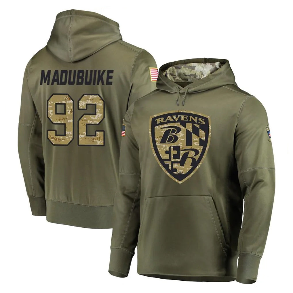 B.Ravens #92 Nnamdi Madubuike Player Olive Salute to Service Pullover Hoodie Ddoa Stitched Jerseys