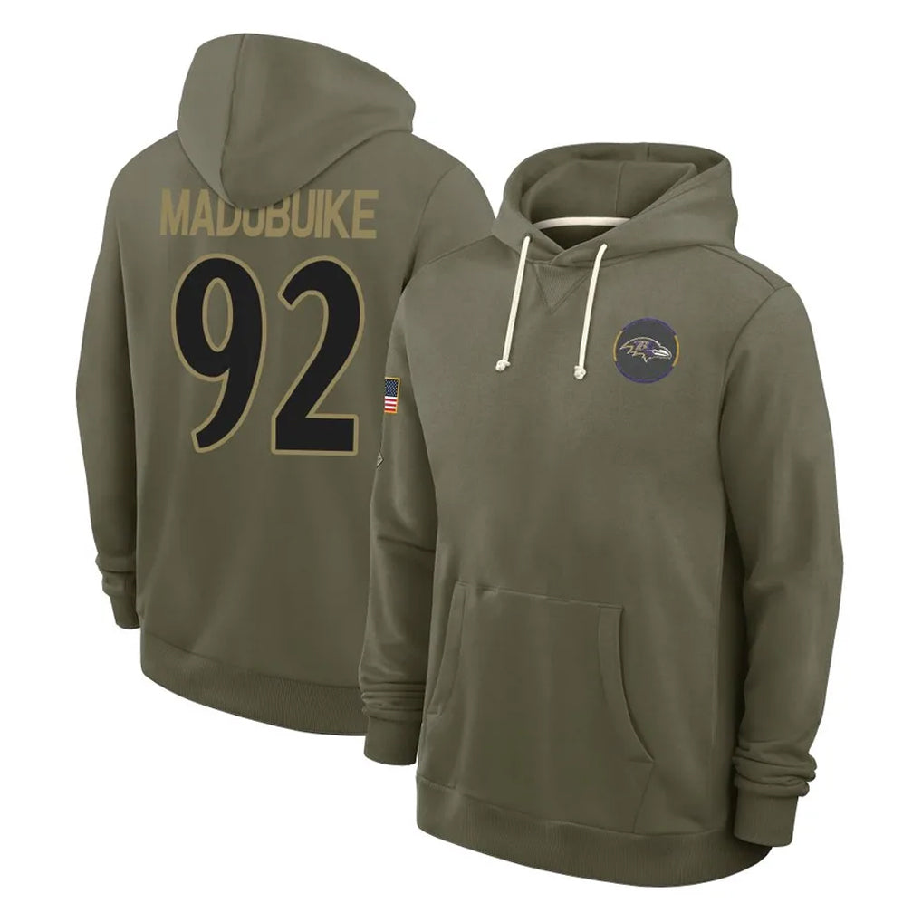 B.Ravens #92 Nnamdi Madubuike Player Olive Salute to Service Hoodie Ddoa Stitched Jerseys