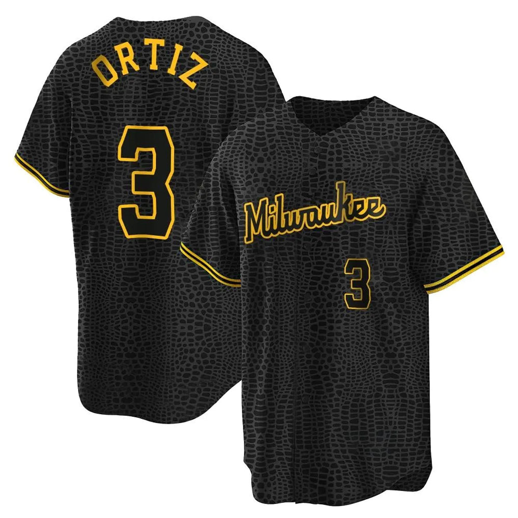 M.Brewers #3 Joey Ortiz Player Black Snake Skin City Home Game Ddoa Stitched Jerseys