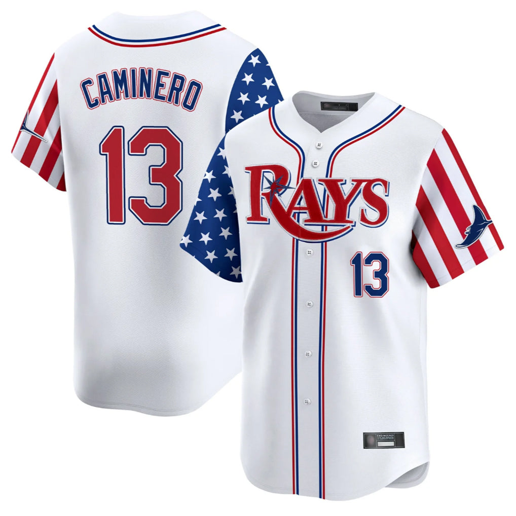 T.Bay Rays #13 Junior Caminero Player White 2025 Independence Day Vapor Premier Limited Ddoa Stitched Jerseys