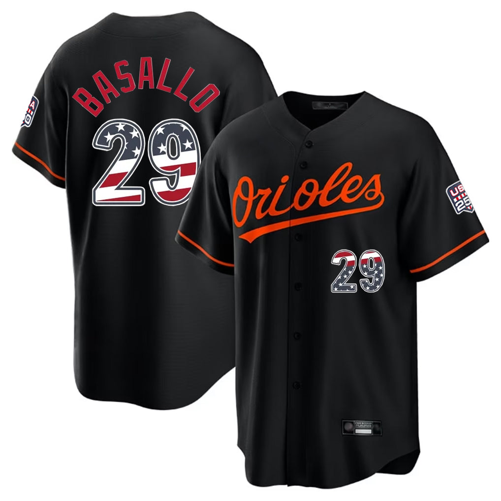 B.Orioles #29 Samuel Basallo Player Black USA 250 Fourth of July Home Game Ddoa Stitched Jerseys