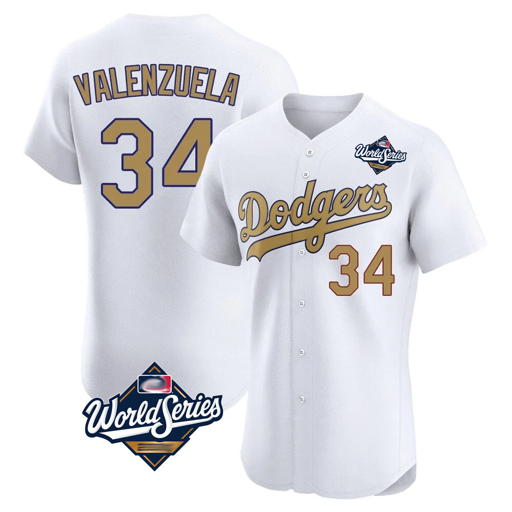 LA.Dodgers #34 Fernando Valenzuela Player Gold World Series Limited Elite Home Ddoa Stitched Jerseys