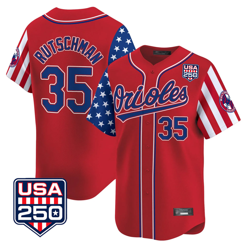 B.Orioles #35 Adley Rutschman Player Red USA 250 Independence Day Vapor Premier Limited Home Game Ddoa Stitched Jerseys
