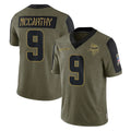 M.Vikings #9 J.J. McCarthy Player Olive Salute To Service Limited Game Ddoa Stitched Jerseys
