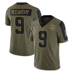 M.Vikings #9 J.J. McCarthy Player Olive Salute To Service Limited Game Ddoa Stitched Jerseys
