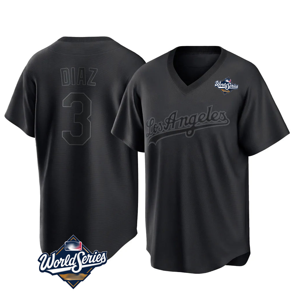 LA.Dodgers #3 Edwin D¨ªaz Player Black World Series Pitch Fashion T-shirt Ddoa Stitched Jerseys