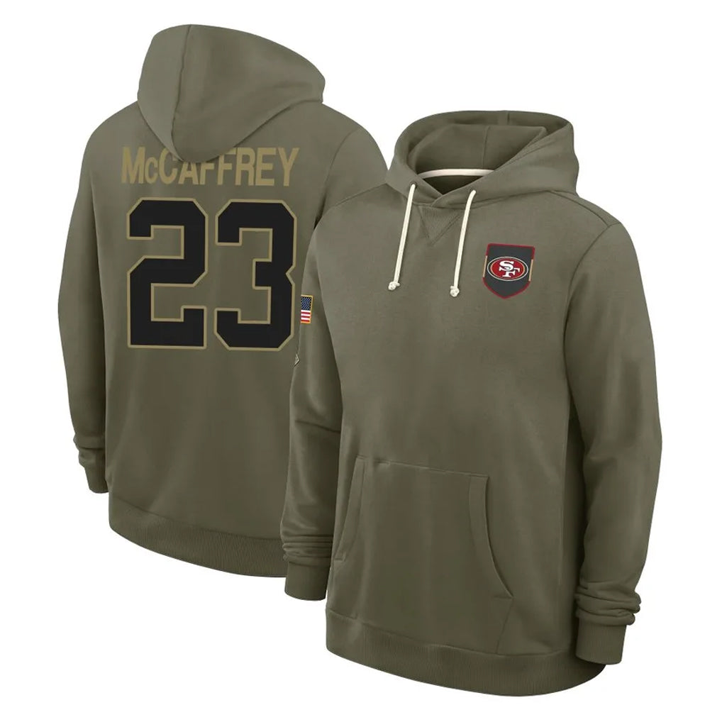 SF.49ers #23 Christian McCaffrey Player Olive Salute to Service Pullover Hoodies Limited Ddoa Stitched Jerseys