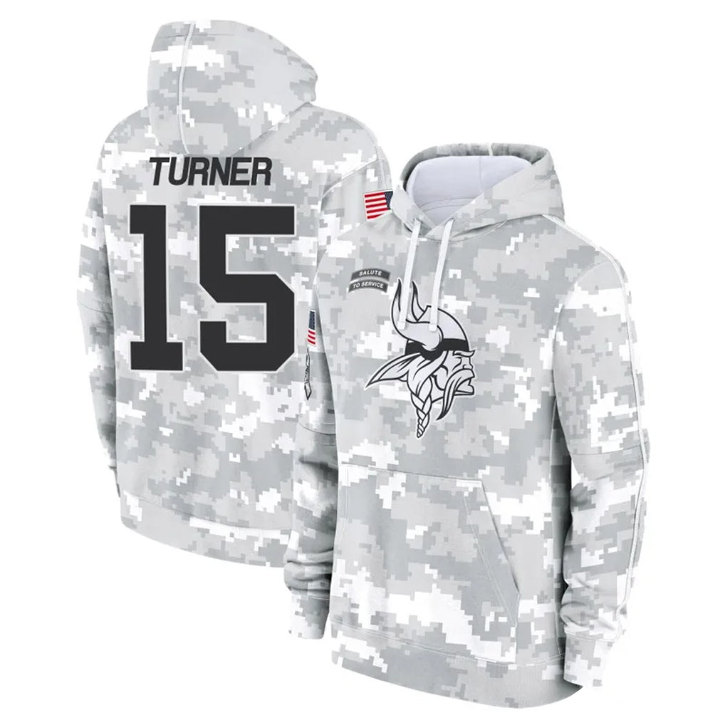 M.Vikings #15 Dallas Turner Player Arctic Camo Salute to Service Pullover Hoodies Limited Game Ddoa Stitched Jerseys